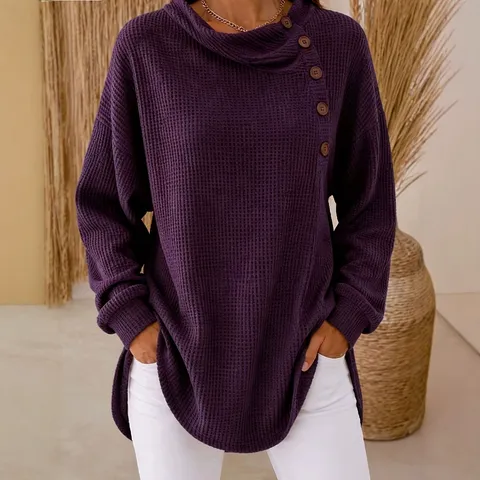 Damen Casual Einheitsfarbe Waffel Langarm Knopf Rundhals Bluse Komfortabel Alltag Büro Hemd Top
