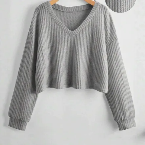 Maglione Pullover in Poliestere con Tessuto a Nido d'Ape Manica Lunga Corto Largo con Scollo a V Casual da Donna per Autunno Inverno