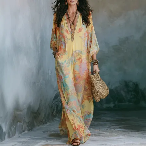 Damen Böhmisch Ethnisch Vintage Digitaldruck Langarm V-Ausschnitt Lose Maxi Kleid Lässig Urlaub Fließendes Kleid