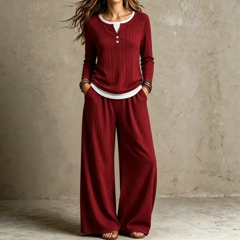 Women's Casual Long Sleeve Henley Top And Bottom Autumn Winter Solid Color Ribbed Knit Loungewear Outfit