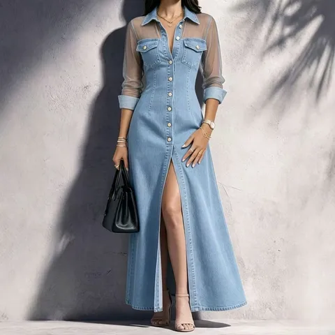 Women's Elegant Casual Long Sleeve Turn Down Collar Spliced Mesh Denim Dress Slim Fit Split Maxi Dress
