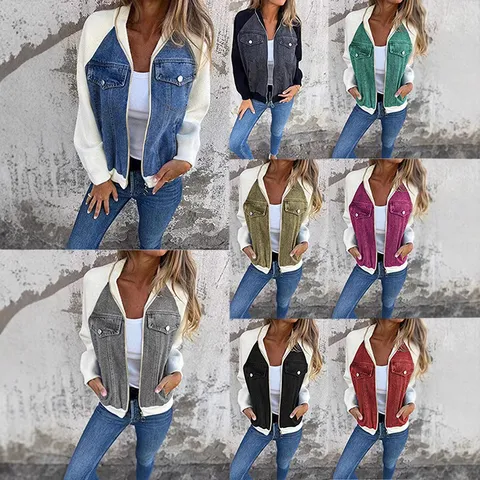Damen Casual Denim Patchwork Jacke Langarm Stehkragen Reißverschluss Oberbekleidung