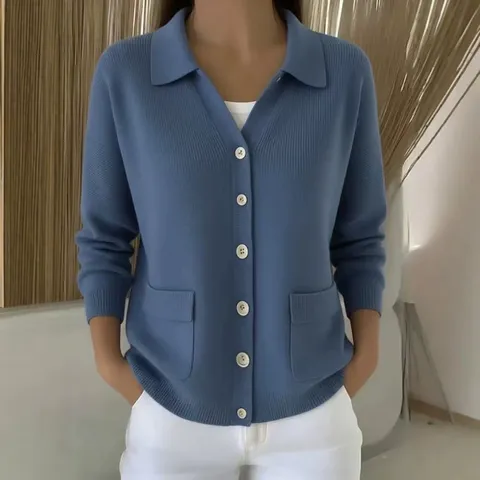 Damen Casual Einfarbiger Umlegekragen Einreihiger Langärmliger Strick-Cardigan Pullover Mantel