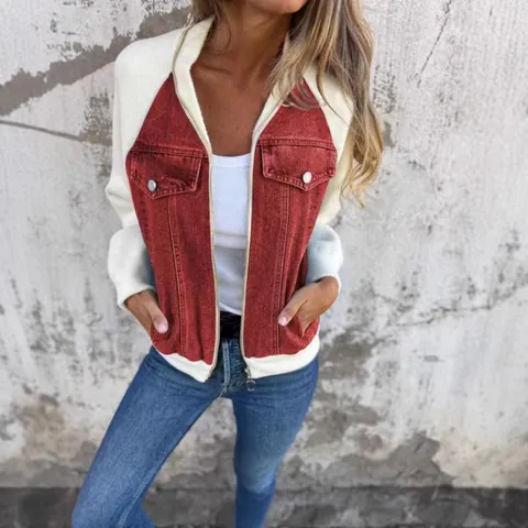 Damen Casual Denim Patchwork Jacke Langarm Stehkragen Reißverschluss Oberbekleidung