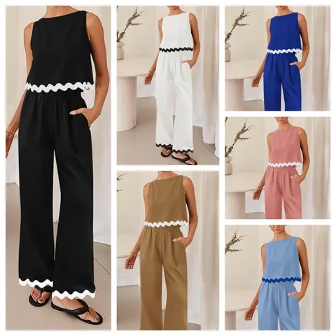 Women Casual Cotton Linen Two Piece Set Solid Color Sleeveless Crop Top And Loose Wide Leg Pants Summer Outfit