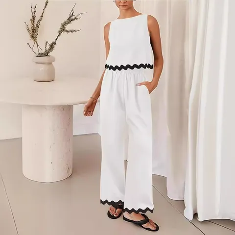 Women Casual Cotton Linen Two Piece Set Solid Color Sleeveless Crop Top And Loose Wide Leg Pants Summer Outfit