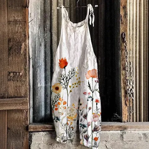 Damen Sommer Casual Leinenmischung Bedruckter Jumpsuit Ärmellos Locker Strand Lässiger Strampler Lange Hosen Overalls