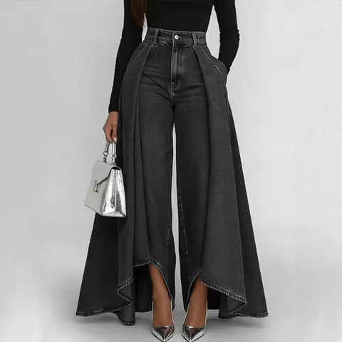 Damen Casual Denim Look Gerade Hose Hohe Taille Loose Weite Beinhose Mit Langem Schlitzsaum Streetwear
