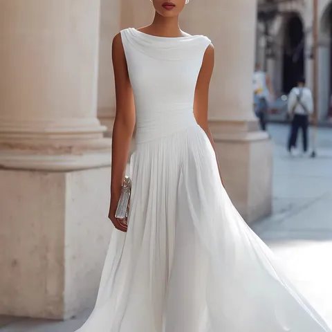 Women's Elegant Pleated Cowl Neck Sleeveless Midi Dress Solid Color Casual Party Holiday Dress
