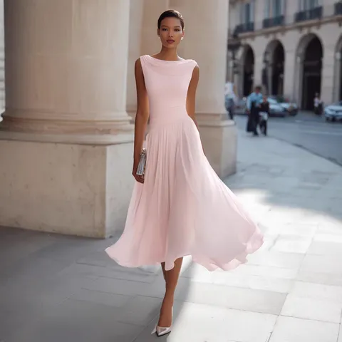 Women's Elegant Pleated Cowl Neck Sleeveless Midi Dress Solid Color Casual Party Holiday Dress