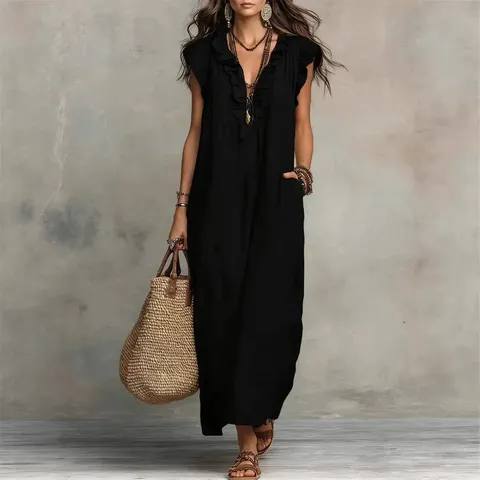 Damen Casual V-Ausschnitt Rüsche Ärmellos Langes Kleid Lockeres Tasche Maxi Kleid