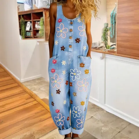 Women's Casual Loose Wide Leg Overalls Vintage Streetwear High Waist Floral Embroidered Long Pants