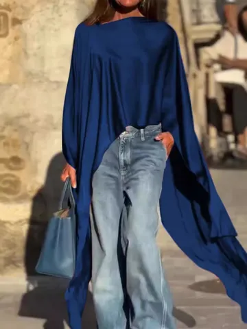 Donna Casual Manica Lunga Larga Tinta Unita Orlo Irregolare Maglietta Poliestere Top Base