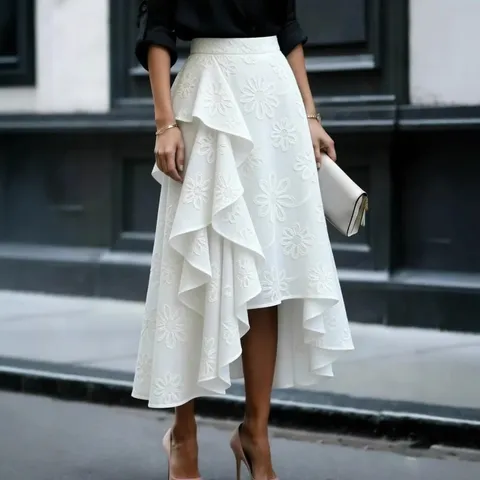 Women Elegant High Waist Irregular Ruffle Hem Midi Skirt Floral Print Casual Fashion Long Skirt For Daily Wear