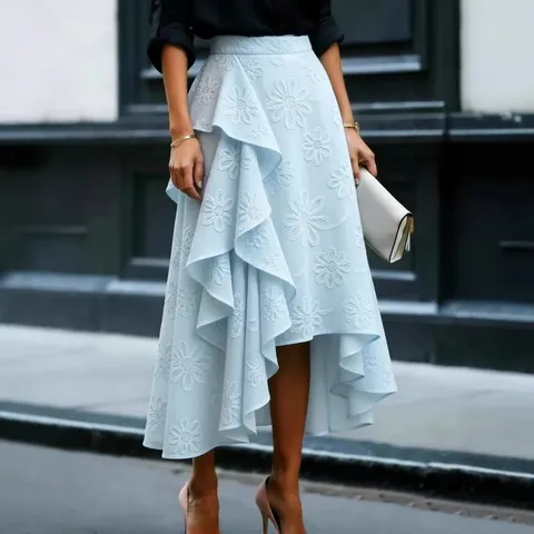 Women Elegant High Waist Irregular Ruffle Hem Midi Skirt Floral Print Casual Fashion Long Skirt For Daily Wear
