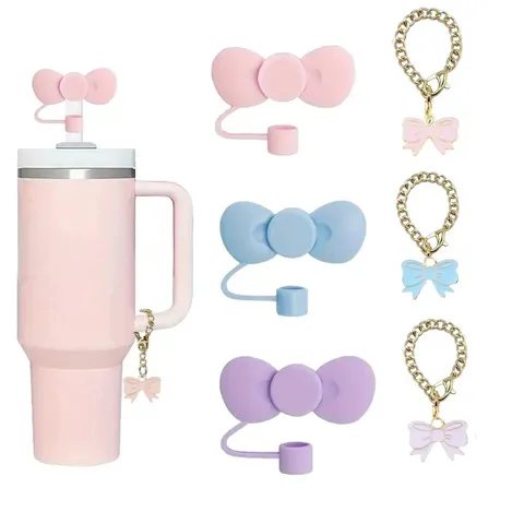 Cute Silicone Straw Covers And Metal Chain Charms Set For Tumbler Cup Bow Daisy Straw Topper Decorative Accessories