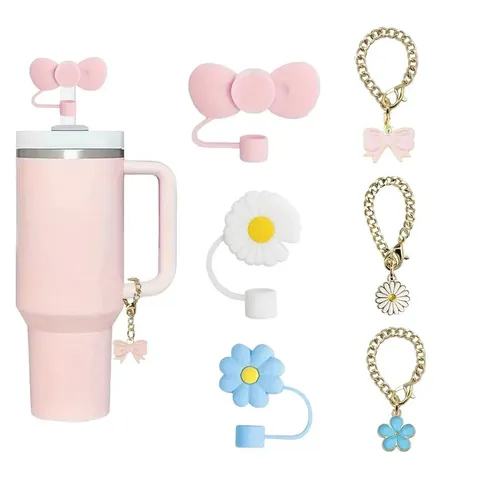 Cute Silicone Straw Covers And Metal Chain Charms Set For Tumbler Cup Bow Daisy Straw Topper Decorative Accessories