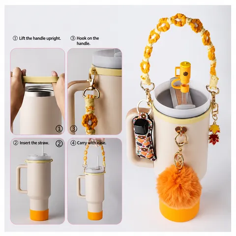 Grand Ensemble d'Accessoires pour Gobelet Housse de Protection en Silicone Couvercles de Paille Sangle Tissée Charme de Pochette Décoration de Tasse