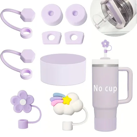 Set Tappo di Paglia e Custodia Antifuoriuscite in Silicone per Grandi Bicchieri Accessori Simpatici Disegni Floreali e di Nuvole