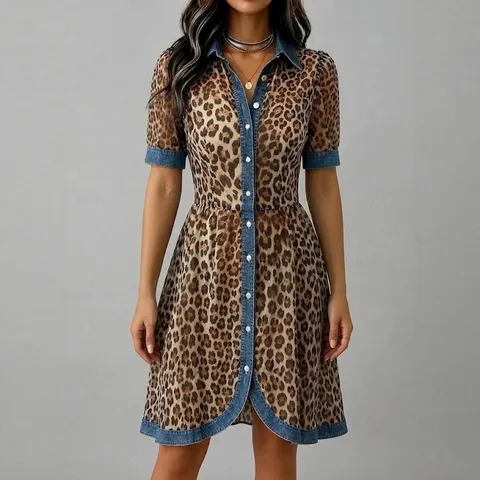 Women's Long Sleeve Leopard Print A-Line Midi Dress Denim Patchwork Casual Shirt Collar Slim Fit Polyester Dress