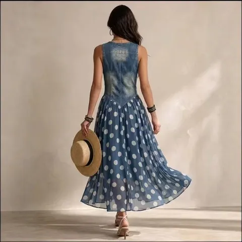 Women's Casual Vintage Denim Style Vest Patchwork Polka Dot Chiffon Long Dress Sleeveless V-Neck Maxi Dress