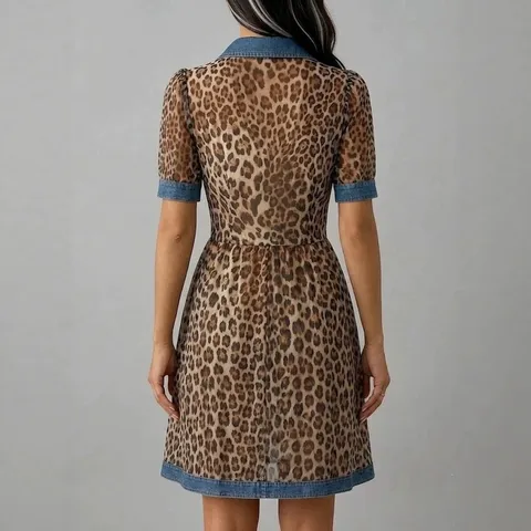 Women's Long Sleeve Leopard Print A-Line Midi Dress Denim Patchwork Casual Shirt Collar Slim Fit Polyester Dress