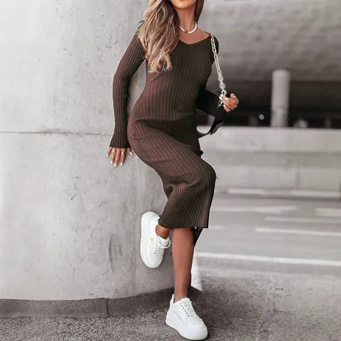 Women Casual Long Sleeve V Neck Bodycon Dress Solid Color Ribbed Knit Slim Fit Elegant Maxi Dress For Party Daily Wear