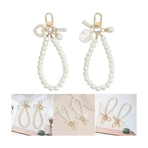 Elegant Artificial Pearl Heart Keychain Phone Chain Bag Pendant Shell Pearl Key Ring Car Hanging Ornament