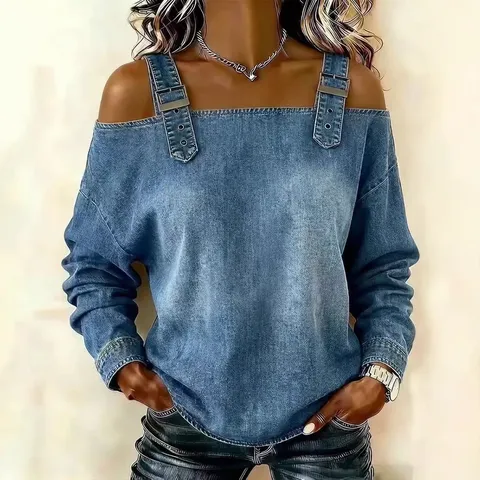 Damen Casual Schulterfreies Langarm Top Ein羌farbig Bootausschnitt Figuurbetont Mode Jeansoptik Pullover Bluse Für Damen