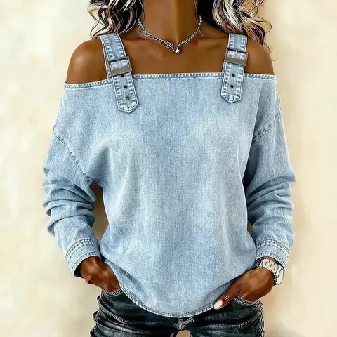 Damen Casual Schulterfreies Langarm Top Ein羌farbig Bootausschnitt Figuurbetont Mode Jeansoptik Pullover Bluse Für Damen