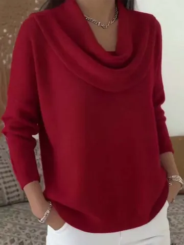 Damen Herbst Winter Einfarbig Langarm Cowl-Kragen Locker Gestrickt Pullover Lässiges Top