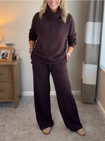 Damen Casual Einfarbig Rollkragen Pullover Und Weite Beine Hosen Set Langarm Lose Herbst Winter Zweiteiliges Outfit