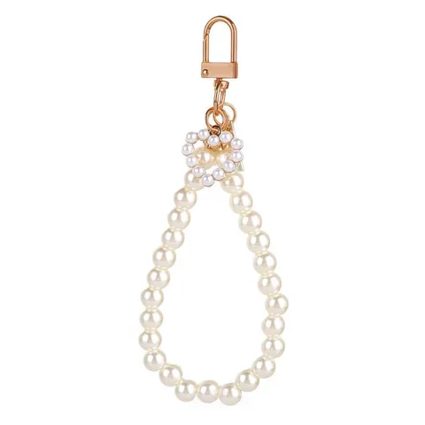 Pearl Keychain Wristband Cute Beaded Key Chain With Metal D-Ring For Women Car Keys Handbag Wallet Charm Jewelry Accessory