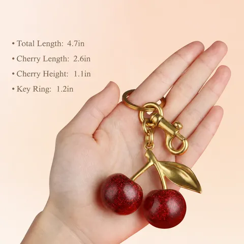 Breloque de Sac Porte-Clés Cerise Brillante Mignon Fruit Anneau de Clés Or Métal Paillettes Résine Pendentif Bijou Cadeau Pour Femmes