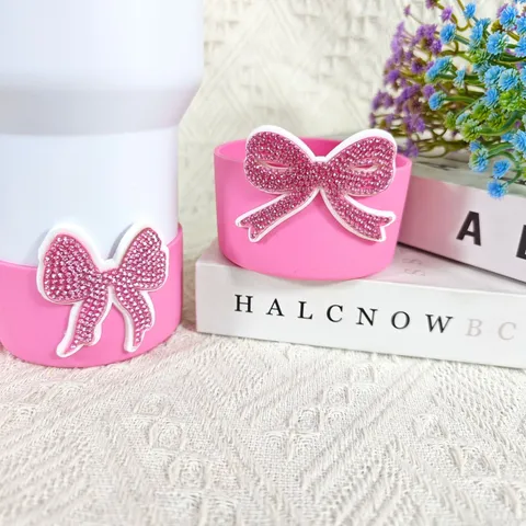 Roze Siliconen Kophoes Met Strass Strik Antislip Warmte-isolerende Beschermende Onderkant Hoes Voor Beker Waterfles Accessoires