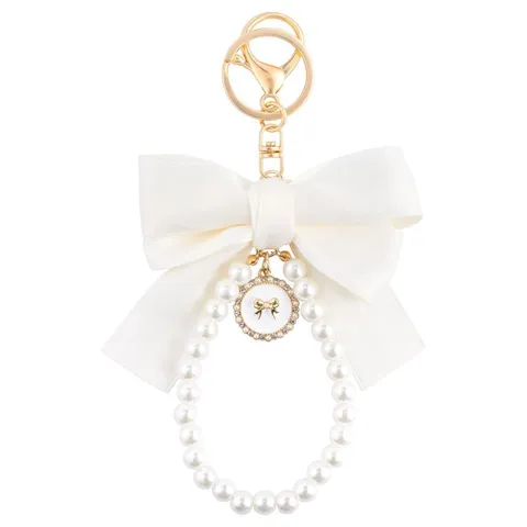 Llavero de Lazo de Perla Artificial Lindo Lazo de Cinta Rosa Anillo de Metal Colgante de Bolso Accesorios de Coche