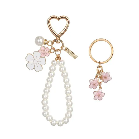 Süßes Perlen Blumen Schlüsselanhänger Set Gold Legierung Handgelenk Kette Schlüsselring Mit Herz Anhänger Für Damen Taschenanhänger Schmuck Geschenk