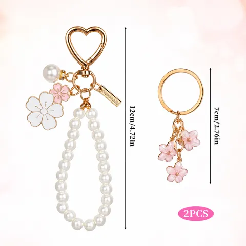 Süßes Perlen Blumen Schlüsselanhänger Set Gold Legierung Handgelenk Kette Schlüsselring Mit Herz Anhänger Für Damen Taschenanhänger Schmuck Geschenk