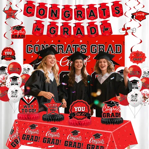 Congrats Grad 2026 Red Black Graduation Party Decoration Banner Balloons Backdrop Tablecloth Spirals Honeycomb Couplets