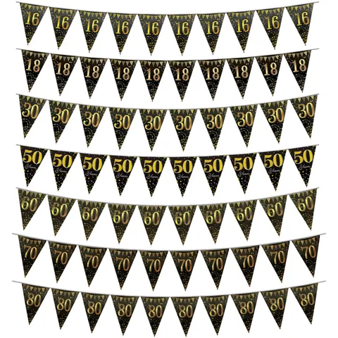 Black Gold Birthday Number Triangular Bunting Banner Paper Pennant Garland For 16th 18th 30th 40th 50th 60th 70th 80th Party Decoration
