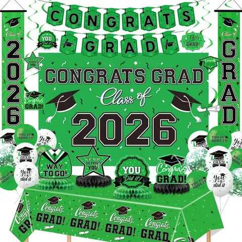 Congrats Grad Graduation Party Decorations Set Green Black Tablecloth Banner Balloons Honeycomb Centerpieces Hanging Swirls Photography Backdrop Backdrop Supplies