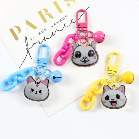 Cute Cartoon Cat Keychain Candy Color Plastic Chain Metal Bell Bag Pendant Keyring Cute Anime Style Accessory