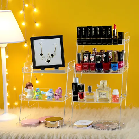 Organisateur de Cosmétiques en Acrylique Transparent Étagère de Rangement de Maquillage à Niveaux Support de Présentation de Bureau Boîte de Rangement