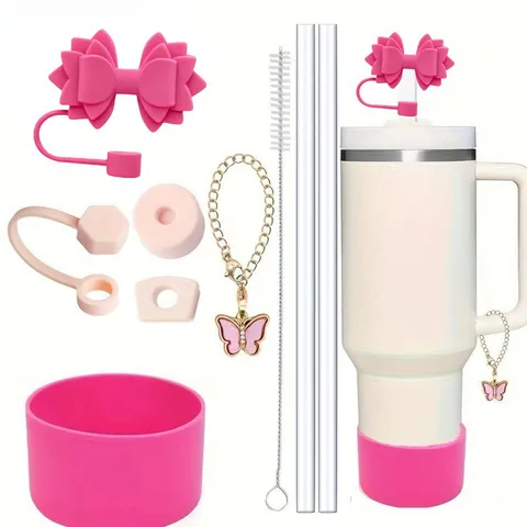 Silicone Ice Tumbler Accessories Bow Straw Cover Spill Proof Stopper Cup Bottom Boot Glass Straw Cleaning Brush Chain