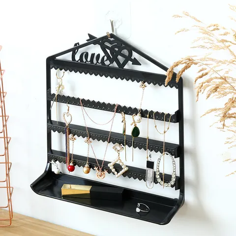 Wall Mounted Jewelry Display Rack Plastic Earring Holder Organizer For Necklaces Rings And Keys With Storage Tray