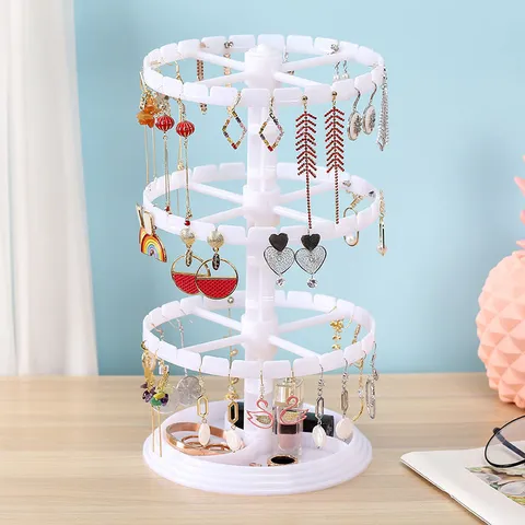 Rotating Earring Organizer Plastic Multi-Layer Jewelry Display Stand With Tray For Necklace Bracelet Ring Desktop Storage Holder