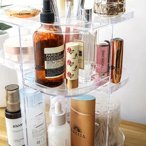 360-Degree Rotating Cosmetic Organizer Makeup Storage Box Multilayer Desktop Skincare Holder Plastic Cosmetic Storage Rack