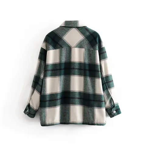 Chaqueta de Camisa de Tweed a Cuadros Suelta Casual para Mujer Cuello Vuelto Manga Larga Monopetto