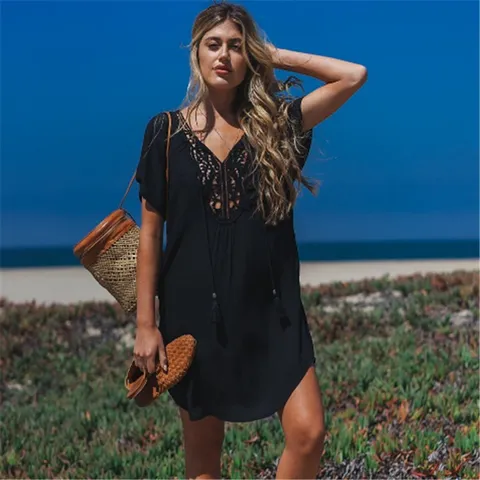 Women Casual Cotton V-Neck Short Sleeve Lace Patchwork Beach Dress Bikini Cover Up Summer Loose Casual Tunic Top