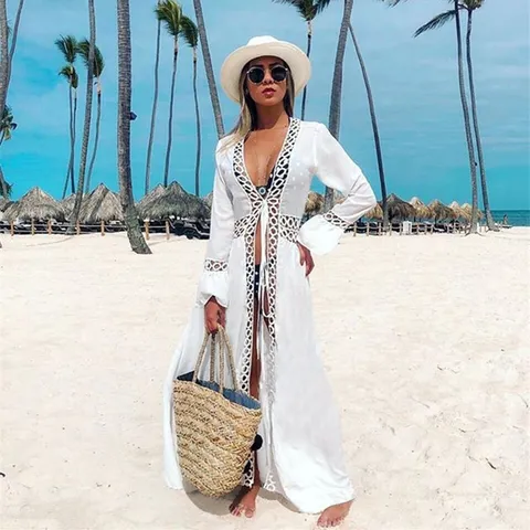 Vestido Largo de Playa Cardigan Calado de Encaje Color Sólido Manga Larga para Mujer